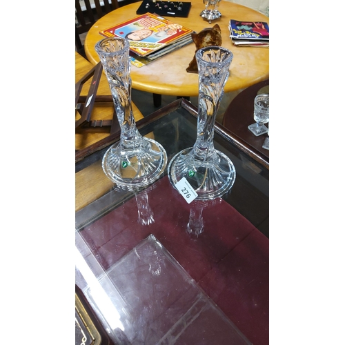 276 - Pair of cut Killarney crystal candlesticks  with intricate faceted design, flared necks, and sturdy ... 