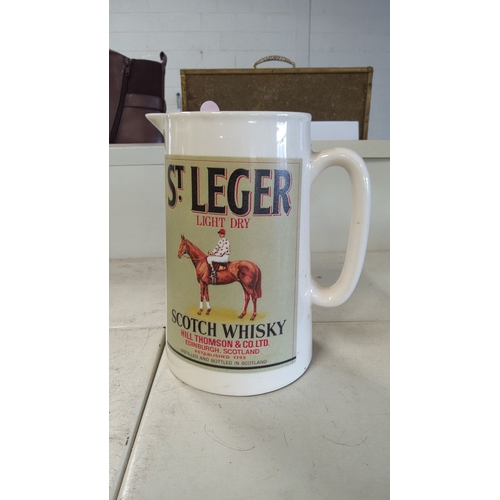 3 - Vintage St. Leger Scotch Whisky advertising ceramic water jug, featuring equestrian-themed branding ... 