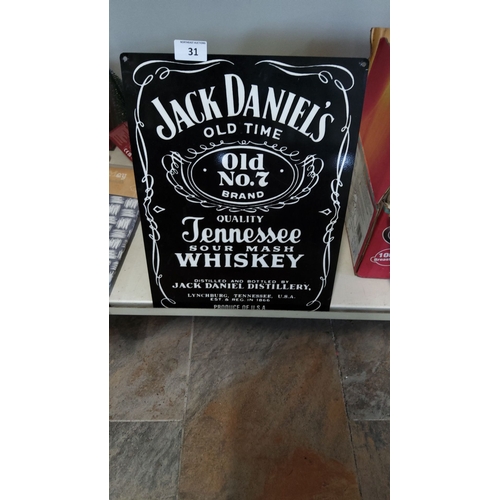 31 - Jack Daniel's Old No. 7 tin advertising sign features a bold black-and-white design.