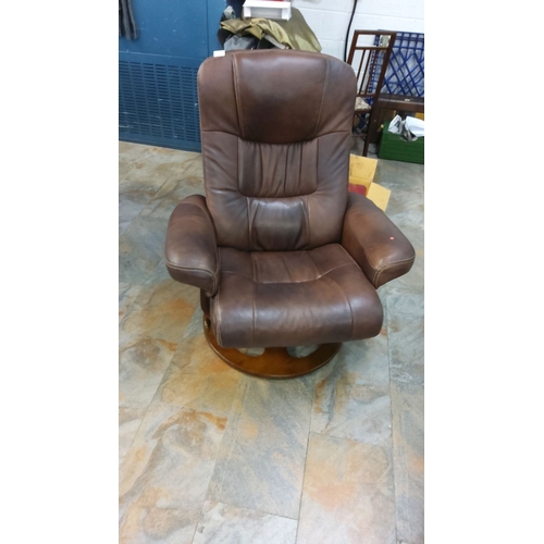 322 - Brown leather swivel recliner with a wooden base and plush cushioning.