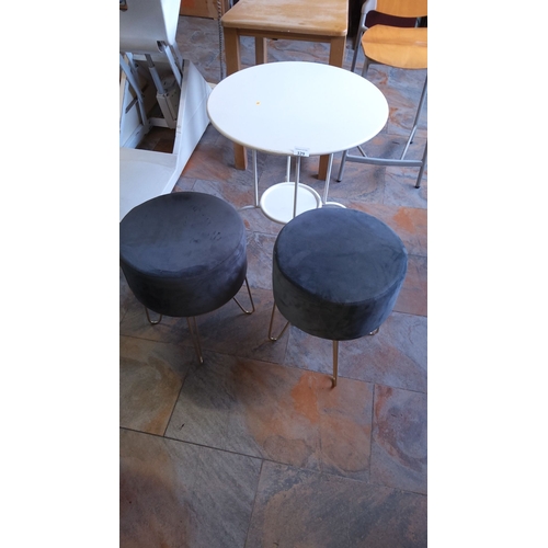 329 - Modern furniture lot includes a white metal side table and two black stools with gold hairpin legs.