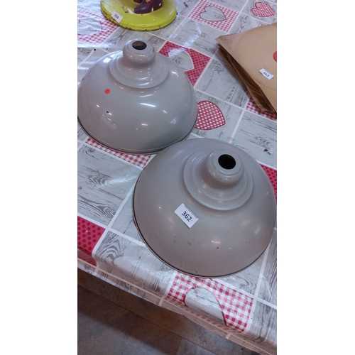 362 - Pair of vintage industrial enamel pendant light shades in grey. Classic utilitarian design.