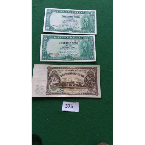 375 - Three Latvian banknotes: two 25 Latu notes from 1938 and one 20 Latu note from 1935 with vibrant des... 