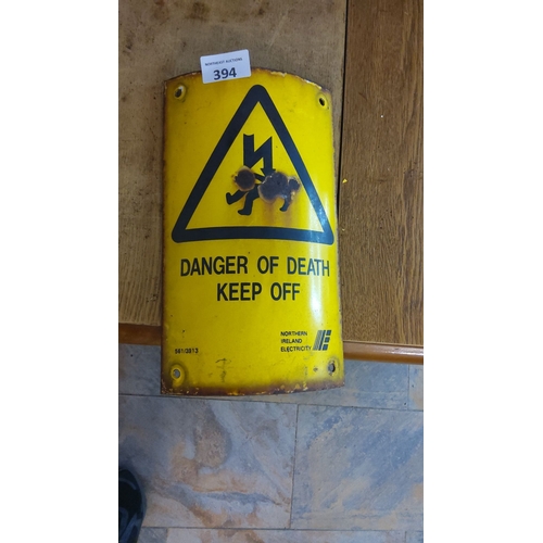 394 - Vintage Northern Ireland Electricity enamel warning sign features a bold yellow and black design.