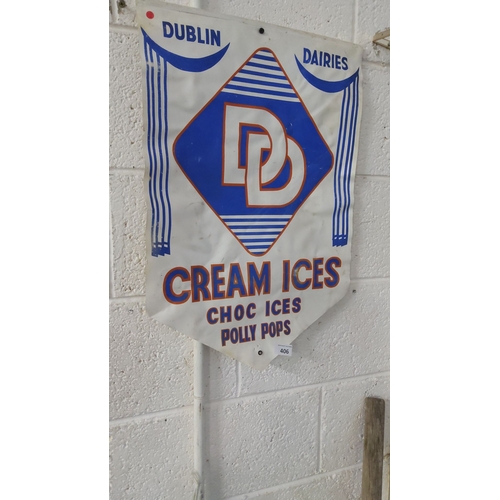 406 - Vintage Dublin Dairies double sided PVC advertising sign features bold blue and orange graphics prom... 