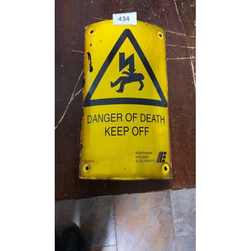 434 - Vintage Northern Ireland Electricity enamel warning sign, bold yellow with black graphics, featuring... 