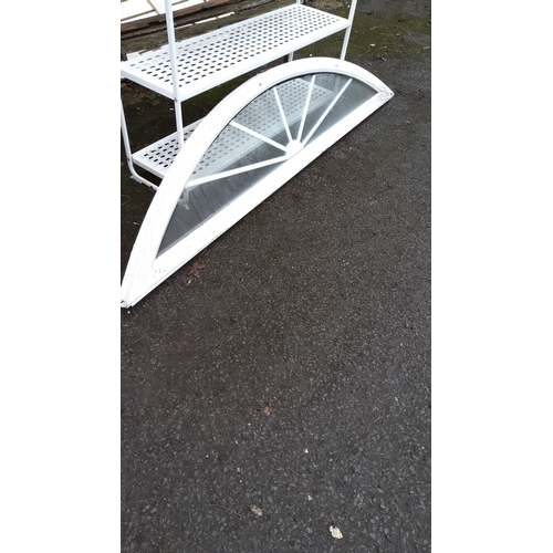 459 - White-painted arched transom window with radial muntin design. Solid frame with glass intact.(6ft)