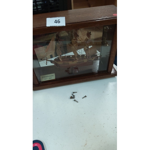 46 - Wooden-cased ship diorama of L'Astrolabe (1811–1851) with detailed rigging and sails. Glass display ... 