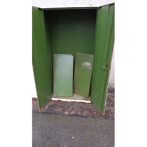 463 - Vintage metal storage cabinet with double doors, painted white with green interior, includes 4 adjus... 