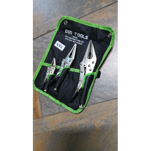 473 - DSD Tools 3-piece long nose pliers set, model DS1269, features soft grip handles. Neatly stored in a... 