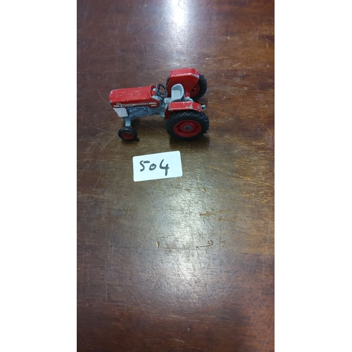 504 - Vintage Massey Ferguson diecast tractor, red and gray, with rubber tires.