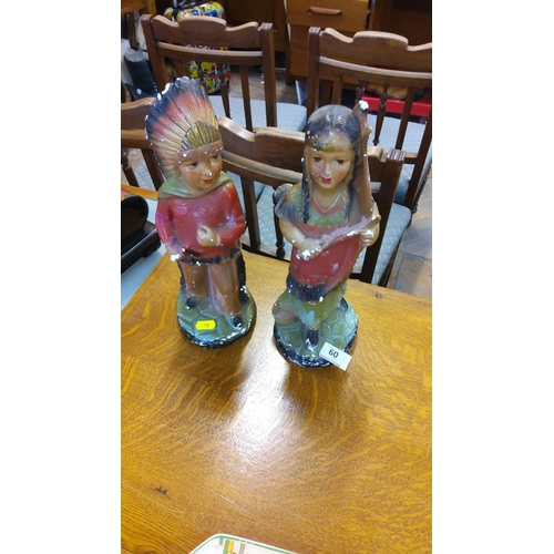 60 - Pair of vintage painted chalkware figurines depicting a Native American man and woman in traditional... 