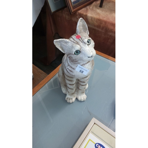 68 - Hand-painted ceramic cat figurine with lifelike green glass eyes and textured fur detailing.