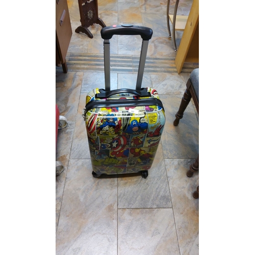 90 - Hard-shell rolling suitcase themed with Marvel Comics, featuring a classic superhero comic panel des... 