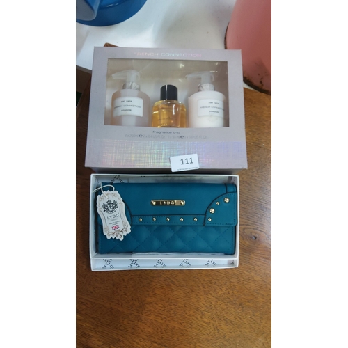 111 - French Connection fragrance trio gift set, including body lotion, shower gel, and eau de toilette. P... 