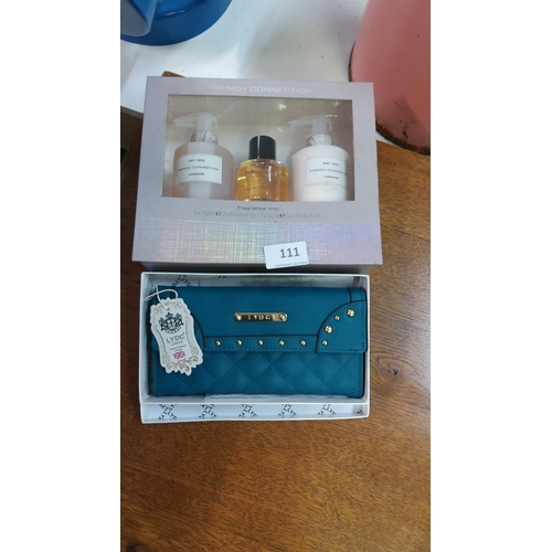 111 - French Connection fragrance trio gift set, including body lotion, shower gel, and eau de toilette. P... 