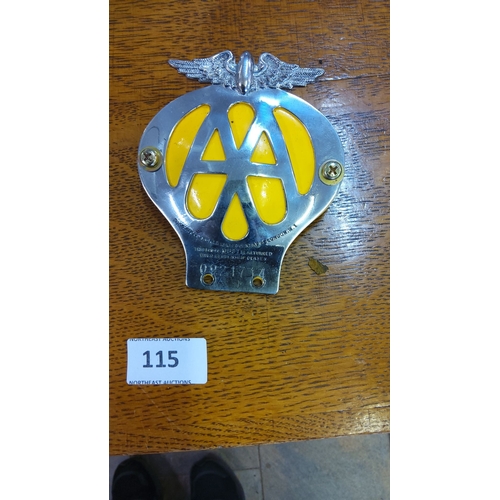 115 - Chrome and yellow enamel AA (Automobile Association) car grille badge features a winged emblem and i... 