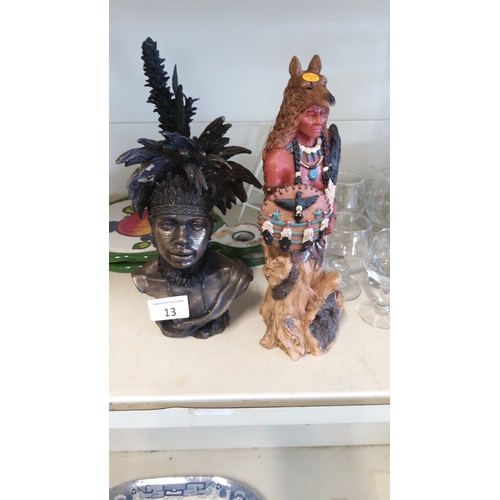 13 - Tribal bust with intricate feathered headdress, paired with a Native American-inspired resin figurin... 