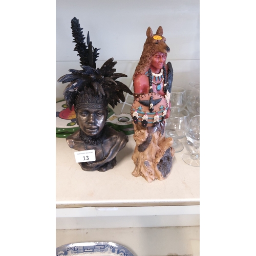 13 - Tribal bust with intricate feathered headdress, paired with a Native American-inspired resin figurin... 