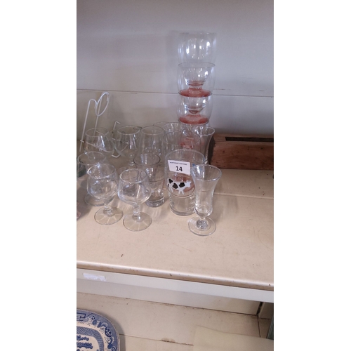 14 - Mixed lot of assorted glassware, including stemmed glasses, tumblers, and decorative pieces. Various... 