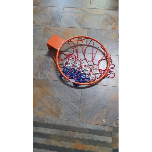 145 - Metal basketball hoop with red, white, and blue nylon net. Includes a wall-mount bracket.