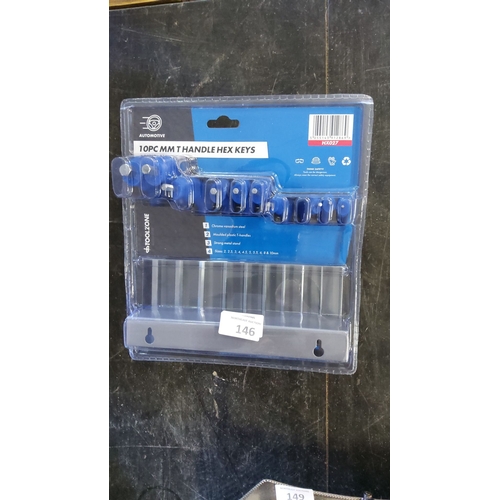 146 - 10-piece T-handle hex key set by Toolzone. Made of chrome vanadium steel with molded plastic handles... 