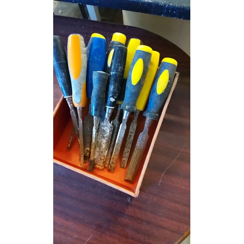 162 - Set of vintage woodworking chisels with plastic handles.