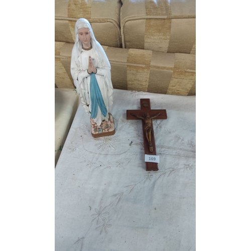 169 - Hand-painted Virgin Mary statue with rosary and a vintage wooden crucifix with metal Christ figure.