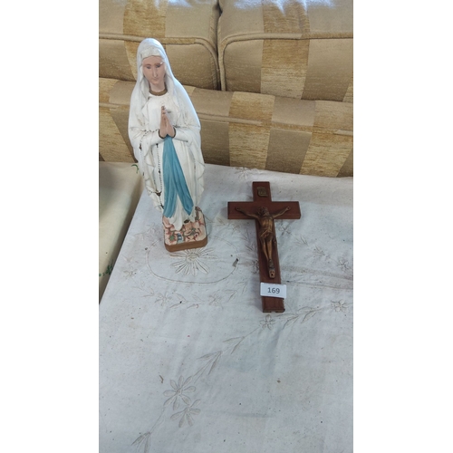 169 - Hand-painted Virgin Mary statue with rosary and a vintage wooden crucifix with metal Christ figure.