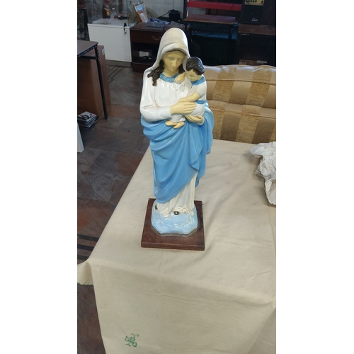 3 - Hand-painted religious statue of the Virgin Mary holding baby Jesus, crafted from plaster with soft ... 