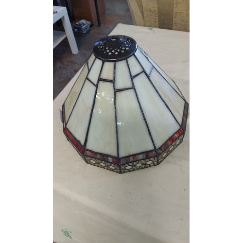 7 - Vintage stained glass lamp shade with geometric panel design. Features cream, red, and textured glas... 