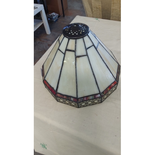 7 - Vintage stained glass lamp shade with geometric panel design. Features cream, red, and textured glas... 