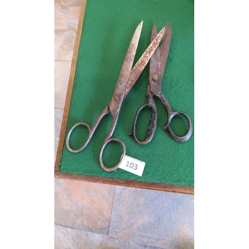 103 - Pair of heavy forged tailors scissors,early 20th century; straight blades and loop handles, 2 pieces... 