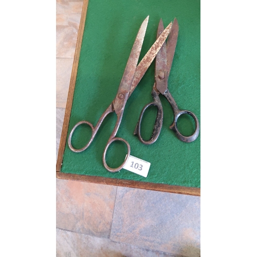 103 - Pair of heavy forged tailors scissors,early 20th century; straight blades and loop handles, 2 pieces... 