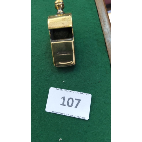 107 - Edwardian brass “Metropolitan” police whistle by J. Hudson & Co., Birmingham; cylindrical body with ... 