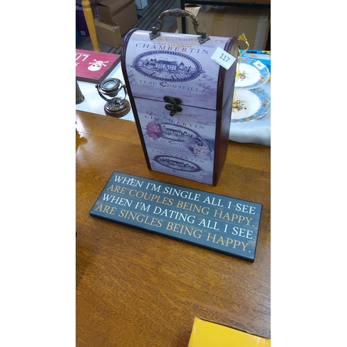 117 - Mixed lot of two: curved wooden wine box printed “Chambertin” with brass handle and latch, together ... 