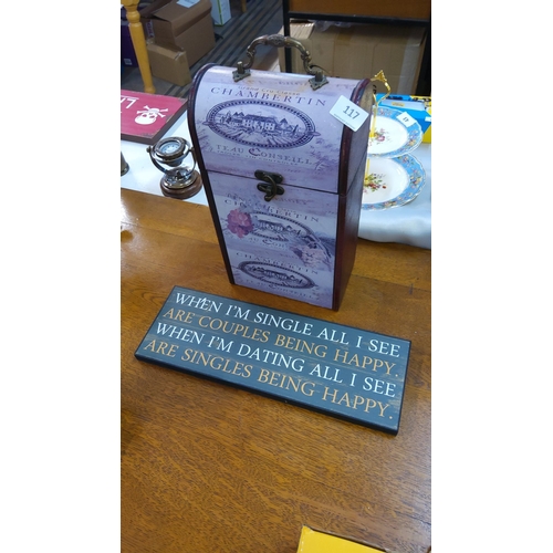 117 - Mixed lot of two: curved wooden wine box printed “Chambertin” with brass handle and latch, together ... 