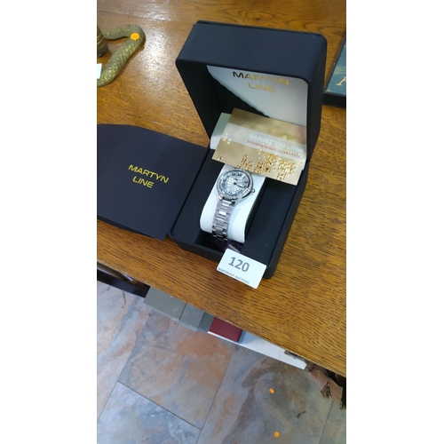 120 - Stainless steel quartz wristwatch by Martyn Line, Roman numeral silver dial, crystal-set bezel, link... 