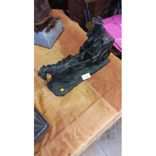 91 - Patinated cast resin sculpture of a horse-drawn cart with seated farmer, naturalistic base, early 20... 