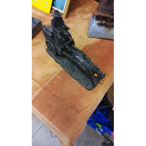 91 - Patinated cast resin sculpture of a horse-drawn cart with seated farmer, naturalistic base, early 20... 