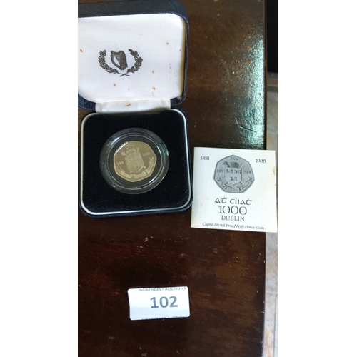 102 - Cupronickel proof fifty-pence coin marking Dublin’s 1,000th anniversary, 1988, bearing city arms, en... 