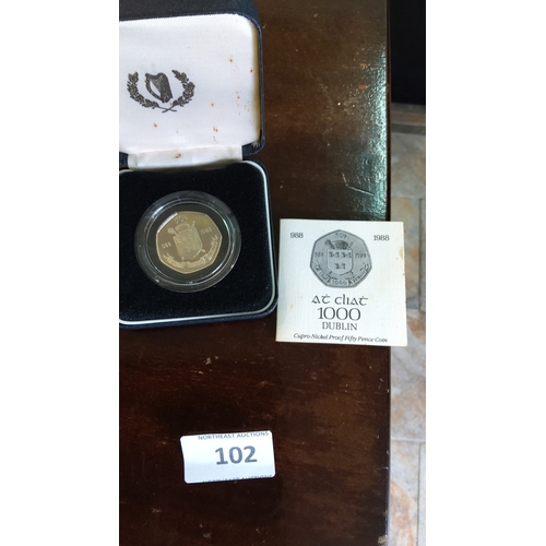 102 - Cupronickel proof fifty-pence coin marking Dublin’s 1,000th anniversary, 1988, bearing city arms, en... 