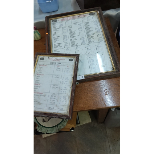 112 - Pair of framed Vintners’ Federation of Ireland printed pub drink price lists, paper under glass with... 