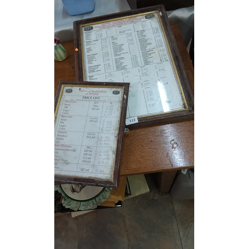 112 - Pair of framed Vintners’ Federation of Ireland printed pub drink price lists, paper under glass with... 