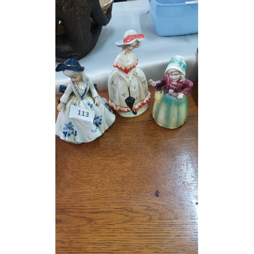 113 - Group of three hand-painted porcelain figurines of ladies in 18th-century style costume, polychrome ... 