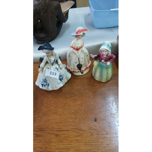 113 - Group of three hand-painted porcelain figurines of ladies in 18th-century style costume, polychrome ... 