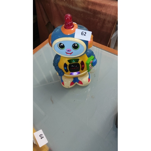 62 - Colourful battery-operated plastic robot learning toy with light-up control panel, animated eyes and... 