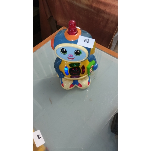 62 - Colourful battery-operated plastic robot learning toy with light-up control panel, animated eyes and... 