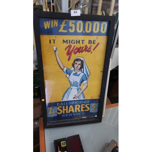 63 - Framed colour lithograph poster promoting Ballsbridge Shares Service, featuring nurse figure under s... 