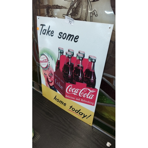 71 - Rectangular enamel advertising sign for Coca-Cola, printed with Sprite Boy, six-pack bottles and slo... 